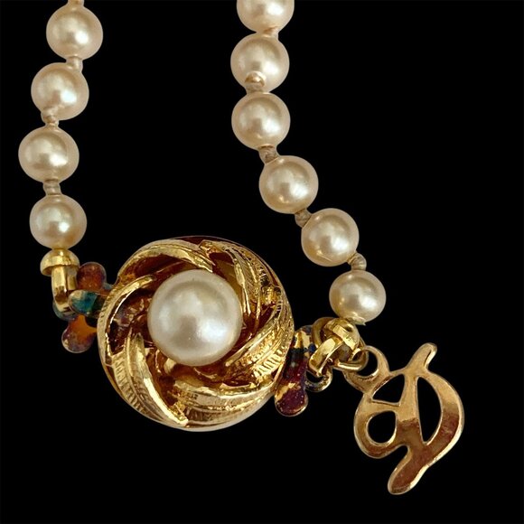 Vtg Danecraft Cream Glass Pearl Necklace 18" Hand Knot Vermeil Sterling Clasp - Picture 2 of 12